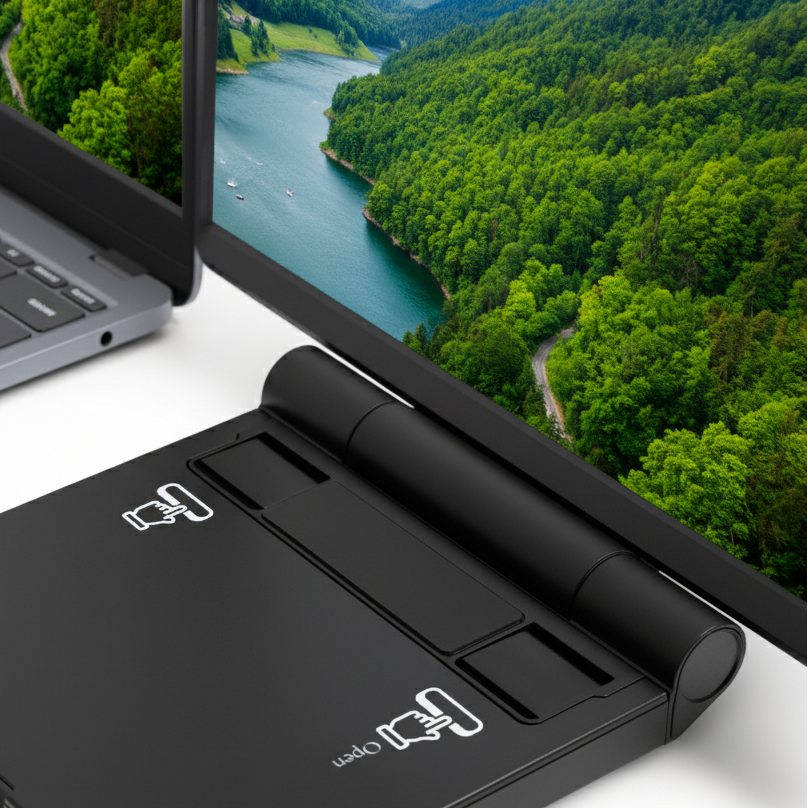 Nærbilde av Solid Dobbel Notebook LCD 1920x1200P, viser klar og skarp skjermkvalitet, viser  også dens funksjoner